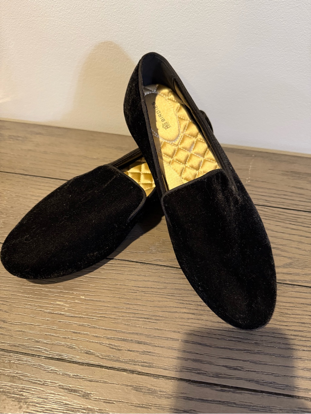 Birdies Black Velvet Slip-On Loafers With Quilted Gold Insole